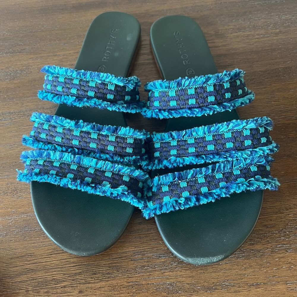 Rothy’s Woman’s Teal Blue‎ Print Slip On Fringe Triple Band Sandal- Size 8.5